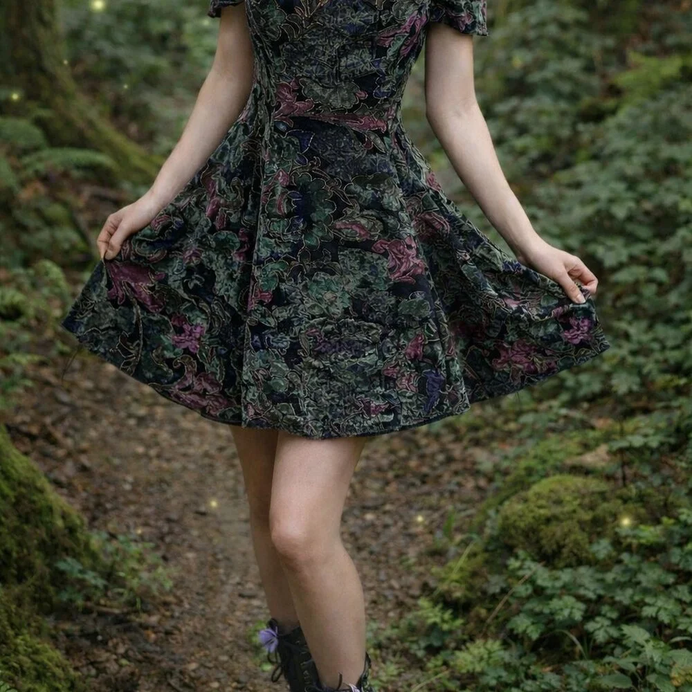 Roberta Vintage 90's Whimsigoth Forest Fairy Crushed Velvet Formal Mini Medium - Picture 12 of 12